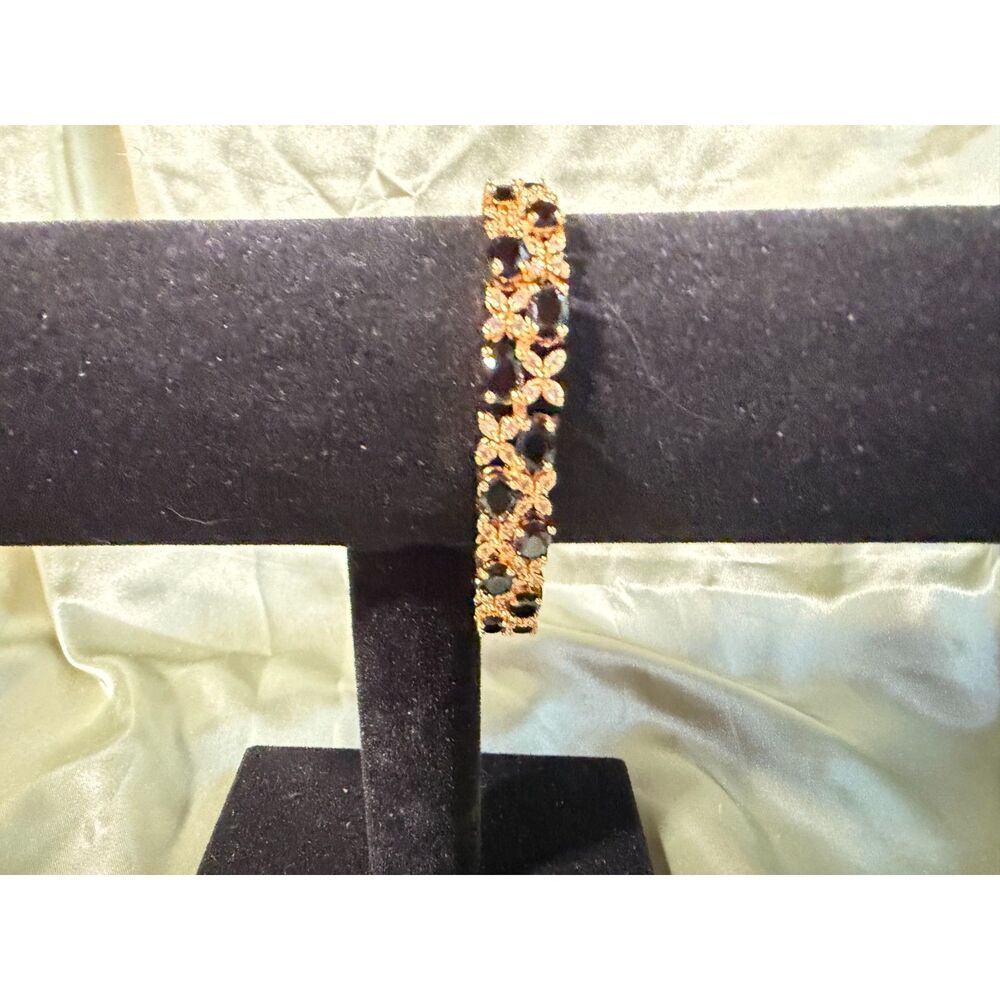 Gold Tone Black Onyx Look Floral Tennis Bracelet 7.5" Clear Crystal Box Clasp